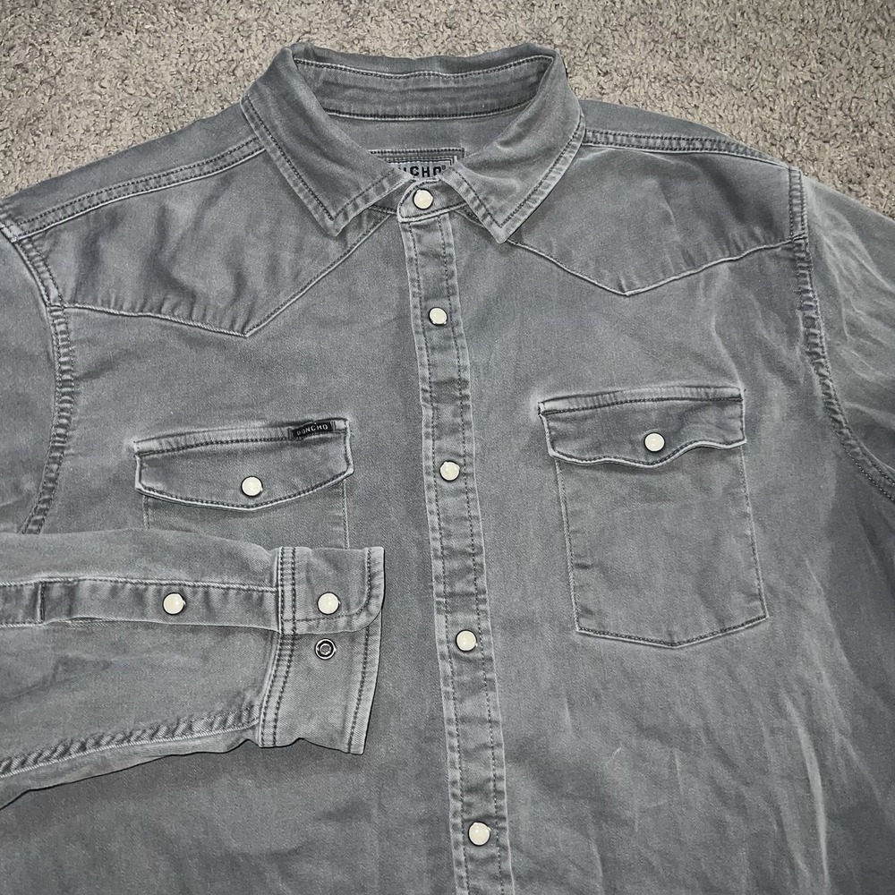 Poncho Outdoors Denim Black Shirt Mens L Slim Fit Pearl Snap Long Sleeve